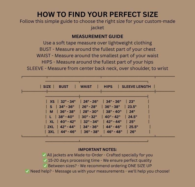 May include: A size chart for custom-made jackets, with bust, waist, hips, and sleeve length measurements in inches. Includes XS to 3XL sizes, with a guide on how to measure and important notes about the product.