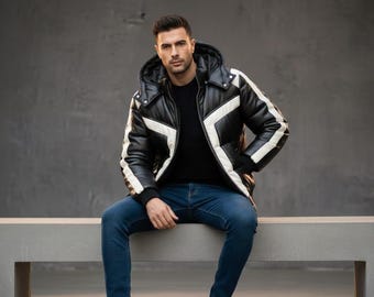 Chaqueta acolchada de cuero negro para hombre con capucha, rayas blancas, acolchada, de invierno, de cuero genuino.