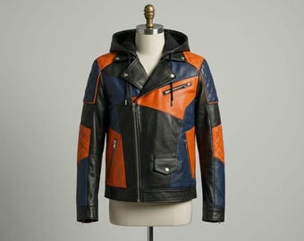 Chaqueta de motociclista de cuero con capucha y bloques de color para hombre: negro, azul marino, naranja, ropa de calle para motocicleta