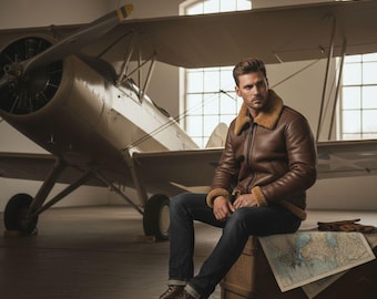 Chaqueta de aviador de piel de oveja para hombre / Chaqueta bomber B3 de piel de oveja auténtica / Abrigo de piloto de la Segunda Guerra Mundial