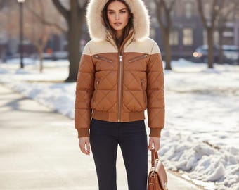 Chaqueta acolchada con capucha y pelo sintético para mujer, bicolor, con cremallera frontal.