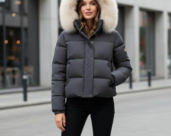 Chaqueta acolchada con capucha de piel para mujer / Parka corta aislante, ropa de calle para clima frío
