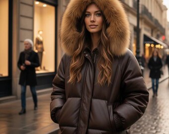 Chaqueta acolchada con capucha de piel para mujer / Abrigo de invierno holgado / Prendas de abrigo urbanas acolchadas