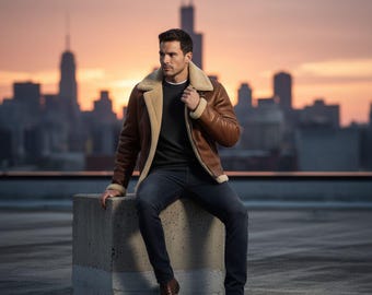Chaqueta de aviador de piel de oveja para hombre / Abrigo de aviador de la RAF de cuero auténtico / Chaqueta bomber de invierno hecha a mano