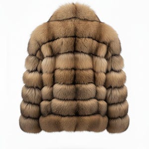 May include: A luxurious, brown fur jacket with a round collar. The jacket is made of horizontal panels of fur, creating a textured appearance. The fur is a warm, light brown color, and the jacket is set against a white background.