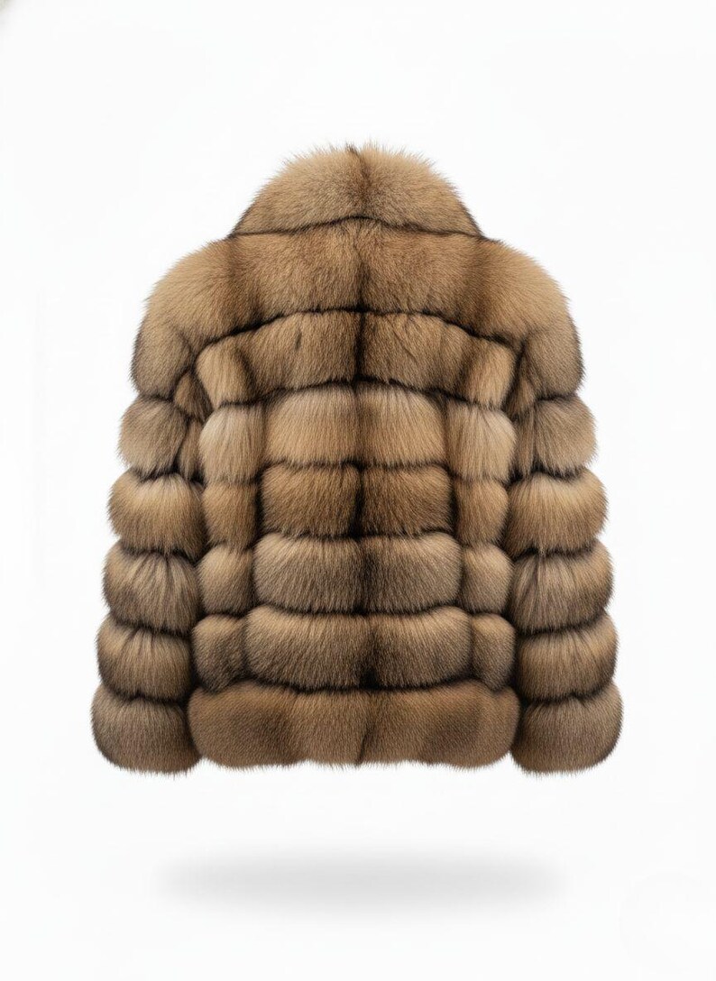 May include: A luxurious, brown fur jacket with a round collar. The jacket is made of horizontal panels of fur, creating a textured appearance. The fur is a warm, light brown color, and the jacket is set against a white background.