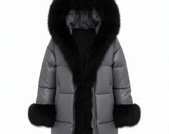Luxurious Gray Puffer Jacket with Fox Fur Hood | Made-to-Order Women's Winter Coat