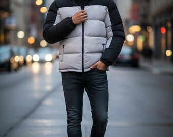 Puffer jacket men women hooded quilted winter zip front color block street wear outerwear