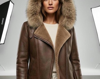 Chaqueta de aviador de piel de oveja marrón hecha a mano / Abrigo de invierno con capucha de piel