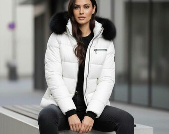 Women White Puffer Jacket with Fur Hood |  Warm Winter Coat | Zip Up Luxury Outerwear