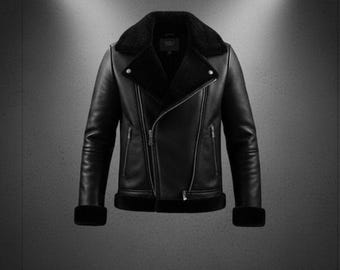Chaqueta de piel de oveja para hombre – Abrigo motero de piel de oveja negra – Cuello de piel de invierno