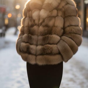 May include: A luxurious brown fur jacket with a wide collar. The jacket is worn over a black dress. The image is taken outdoors with a blurred background of a snowy street and sunlight.