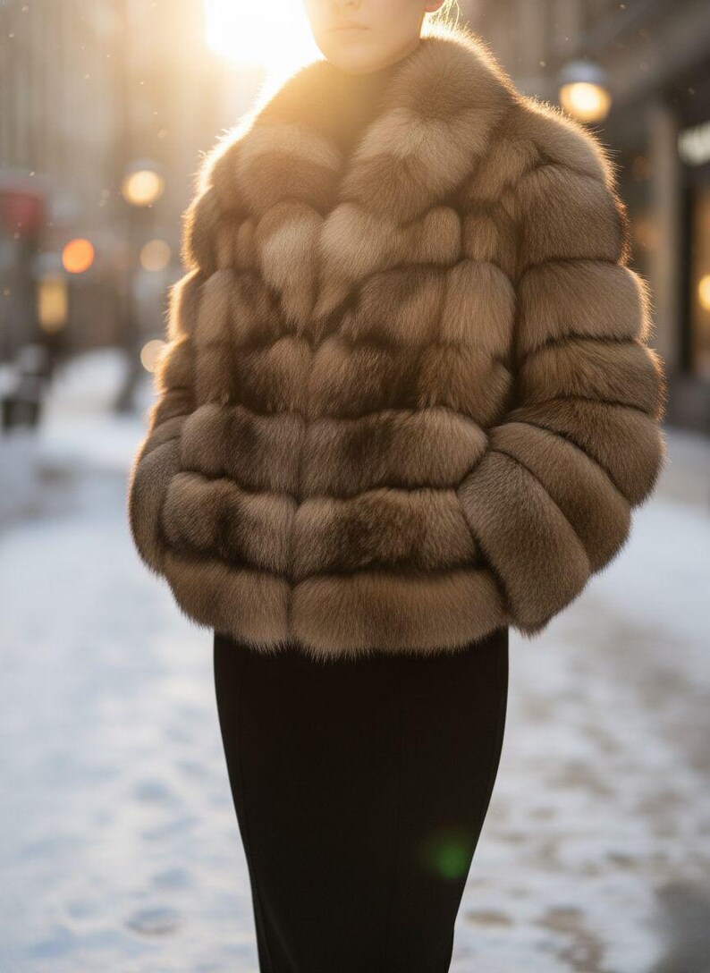 May include: A luxurious brown fur jacket with a wide collar. The jacket is worn over a black dress. The image is taken outdoors with a blurred background of a snowy street and sunlight.