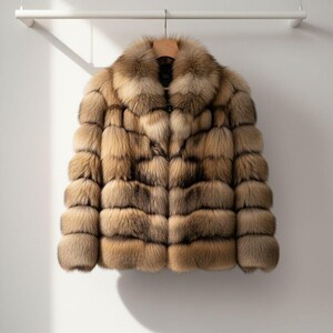 May include: A luxurious, short fur coat in shades of brown and tan, hanging on a wooden hanger. The coat features a wide collar and a horizontal, layered design. The coat is displayed against a plain white wall.