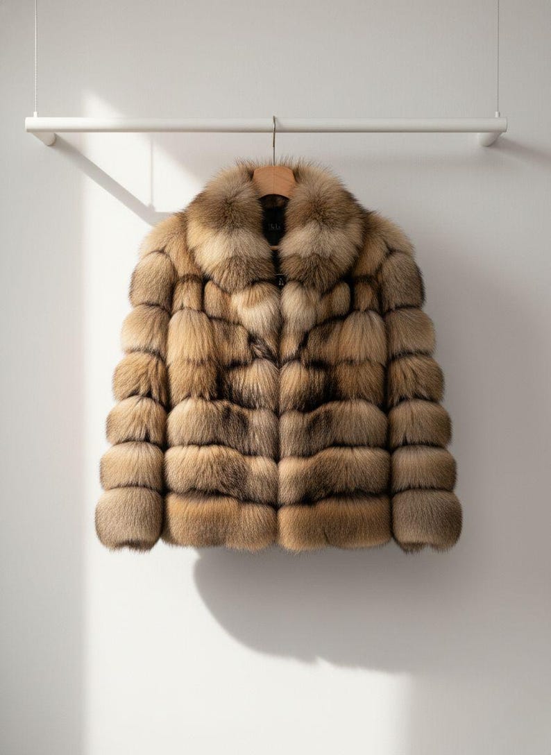 May include: A luxurious, short fur coat in shades of brown and tan, hanging on a wooden hanger. The coat features a wide collar and a horizontal, layered design. The coat is displayed against a plain white wall.