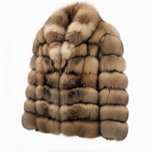 May include: A luxurious, short fur coat in shades of brown and tan. The coat features a wide collar and horizontal fur panels, creating a textured appearance. The garment is designed to be worn as outerwear.