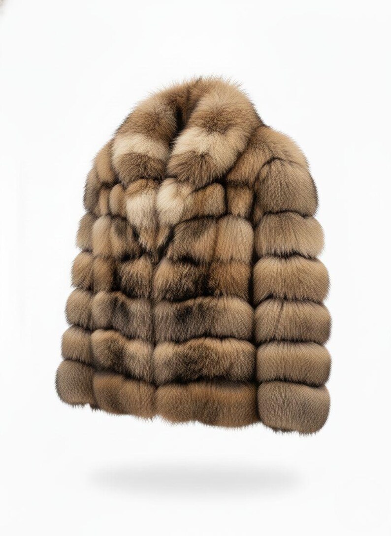 May include: A luxurious, short fur coat in shades of brown and tan. The coat features a wide collar and horizontal fur panels, creating a textured appearance. The garment is designed to be worn as outerwear.