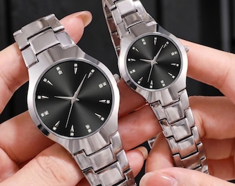 Relógios combinando para casais apaixonados | Conjunto de relógios para ele e para ela | Relógio de pulso de luxo em aço inoxidável | Presente de aniversário à prova d'água
