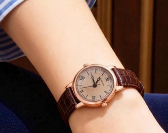 Zegarek ze skóry z tarczą z cyframi rzymskimi | Minimalistyczny zegarek vintage na prezent dla niej