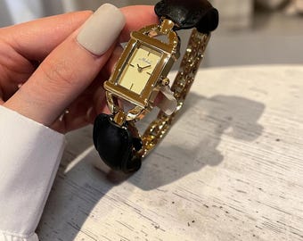 Relógio de pulso retrô com pulseira | Relógio de pulso em latão, couro e corrente