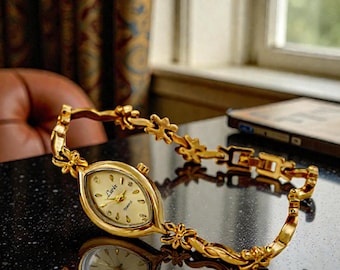 French Retro Gold Watch | Small Oval Dial Bracelet, Elegant Jewelry