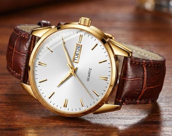 Classic Gold Dress Watch | Brown Leather Strap, Roman Numerals, Date Calendar
