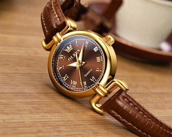 Damklocka i läder med datum | Armbandsur med romerska siffror | Moderiktig present till damer