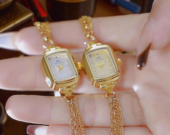 Relógio elegante com pulseira de corrente dourada | Mostrador retangular vintage