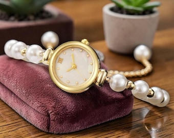 Relógio de pulso feminino com pulseira de pérolas | Mostrador pequeno com algarismos romanos, relógio delicado estilo joia