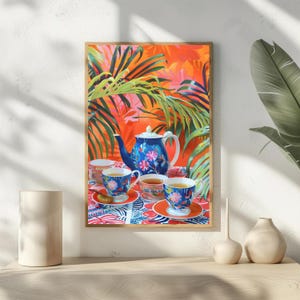 Affiche colorée de théière, décor de dopamine de cuisine de maximaliste
