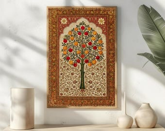 May include: Framed art print featuring a stylized tree laden with red and orange fruit. The tree is set against a cream-colored backdrop with floral patterns, framed by a decorative border in shades of red, orange, and gold. The artwork is displayed on a white wall.