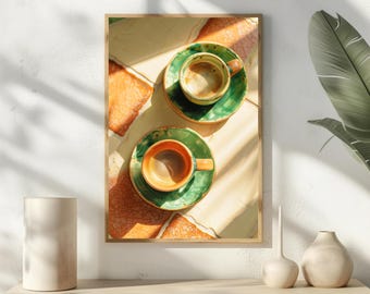 Italian Coffee Art Print, Mediterranean Kitchen Wall Decor, Espresso Cups Poster, Cozy Cafe Aesthetic, Coffee Lover Gift