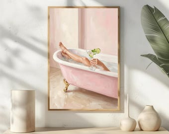 Lámina artística de bañera rosa, ilustración de baño Martini, decoración de habitación coqueta, póster de baño preppy