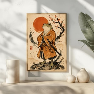 Samurai Frog Poster, Vintage Japanese Wall Art, Ukiyo-e Animal Print, Quirky Ninja Decor