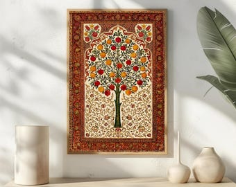 May include: Framed art print featuring a stylized tree with red and yellow fruit. The tree is set against a cream-colored background with floral patterns. The frame has a red border with intricate designs, adding a touch of elegance to the artwork.