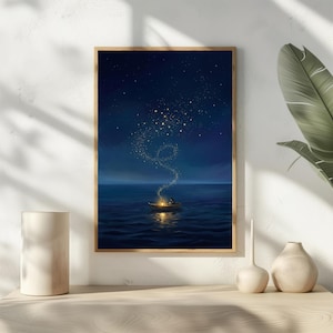 May include: A framed art print depicts a serene night scene. A small boat with a warm light floats on dark blue water. Above, a swirling trail of golden stars leads to a cluster of stars in a deep blue sky. The artwork is framed in a light brown wood.