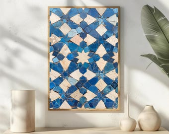 Blue and White Azulejo Tile Art, Mediterranean Bathroom Wall Decor, Moroccan Mosaic Print, Distressed Rustic Pattern Poster, Farmhouse