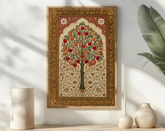 Islamic Pomegranate Wall Art | Vintage Persian Miniature Tree Print | Traditional Muslim Home Decor | Botanical Kitchen Fruit Poster Gift