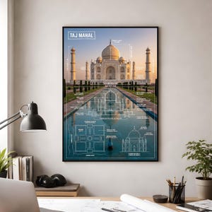 Puede incluir: Impresión enmarcada del Taj Mahal, el mausoleo de mármol blanco en India. La imagen incluye diagramas arquitectónicos y etiquetas, con el texto "TAJ MAHAL" en la parte superior. La obra de arte se exhibe en una pared sobre un escritorio.