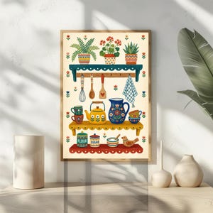 Baking Room Wall Art, Floral Pottery Poster, Folk Art Kitchen Shelf Print