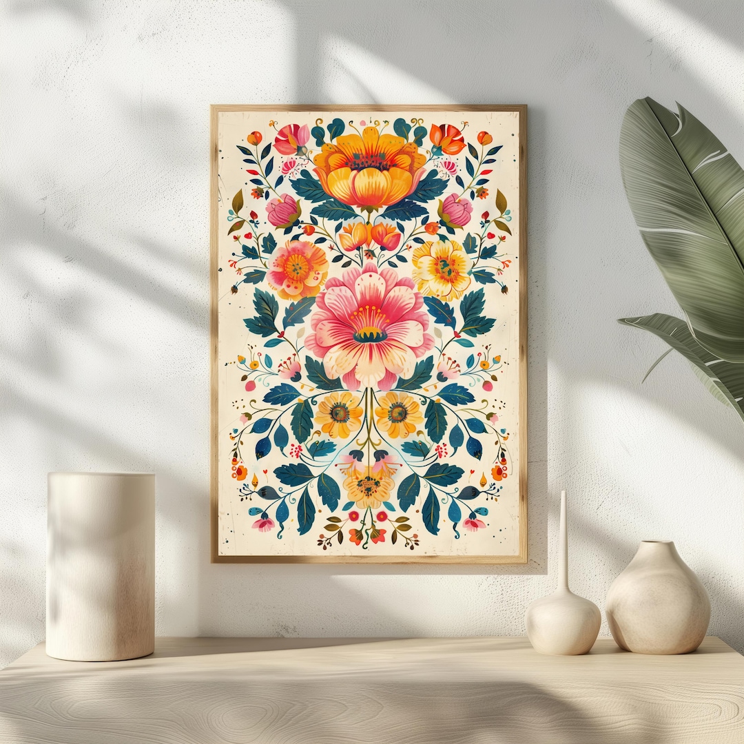 Vintage Floral Mexican Art Print, Colorful Folk Botanical Wall Decor - Etsy