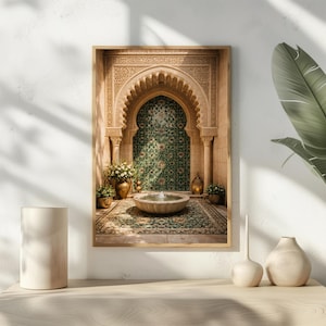 May include: A framed print depicting an ornate Moorish archway with a fountain and a patterned rug. The archway features intricate carvings and leads to a green mosaic wall. The scene includes vases, plants, and a lantern, creating a serene atmosphere.