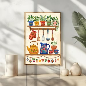 May include: A framed print featuring a kitchen scene with colorful potted plants, utensils, and a teapot. The artwork includes a shelf with various kitchen tools, a floral pitcher, and decorative elements. The color palette includes warm yellows, reds, and blues.