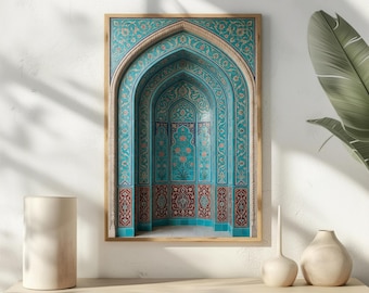 Puede incluir: Impresión enmarcada de un diseño arquitectónico arqueado con intrincados patrones florales turquesa y rojos. La obra de arte presenta una serie de arcos anidados, creando una sensación de profundidad y simetría. El marco es de color madera clara.