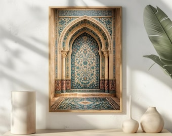 Puede incluir: Impresión enmarcada de un arco ornamentado con intrincados patrones turquesa y beige. La obra de arte presenta un diseño floral detallado dentro del arco, con una alfombra a juego en la base. El marco es de un cálido tono de madera natural.