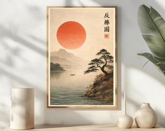 Japanische Landschaft Wandkunst, Rote Sonne und Kiefer Baum Druck, Zen Bergsee Poster, Minimalistischer Ukiyo-e Stil, Japandi Natur Dekor