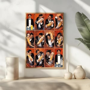 Puede incluir: Una impresión enmarcada que presenta una serie de ilustraciones que representan a un barman preparando un cóctel. La obra de arte está ambientada sobre un fondo cálido de color rojo anaranjado, con el barman en un esmoquin negro y pajarita.