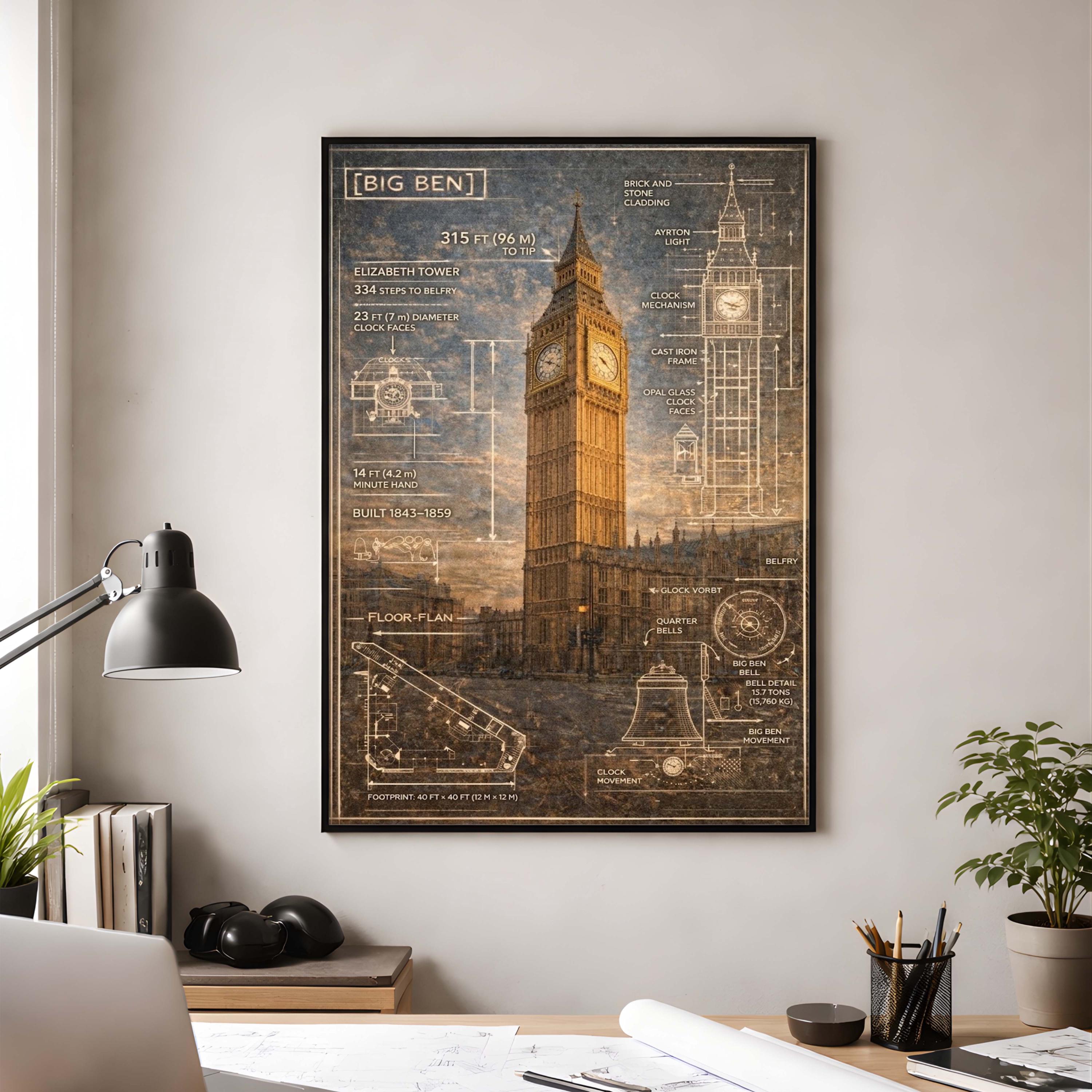 ビッグベンの設計図ポスター、ロンドンのランドマークの壁画、建築家へ