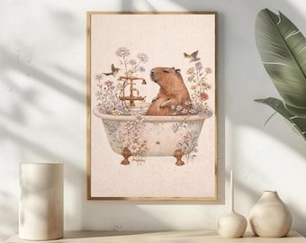 Cuadro decorativo de capibara en la bañera, decoración de baño de estilo vintage, estampado animal caprichoso, póster floral cottagecore, arte divertido para un día de spa.