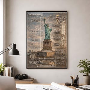 Puede incluir: Un grabado enmarcado que presenta un diagrama detallado de la Estatua de la Libertad. El diagrama incluye medidas en pies y metros, secciones transversales y detalles de los materiales. La estatua está representada en su icónico color verde, con una vista detallada de la antorcha.